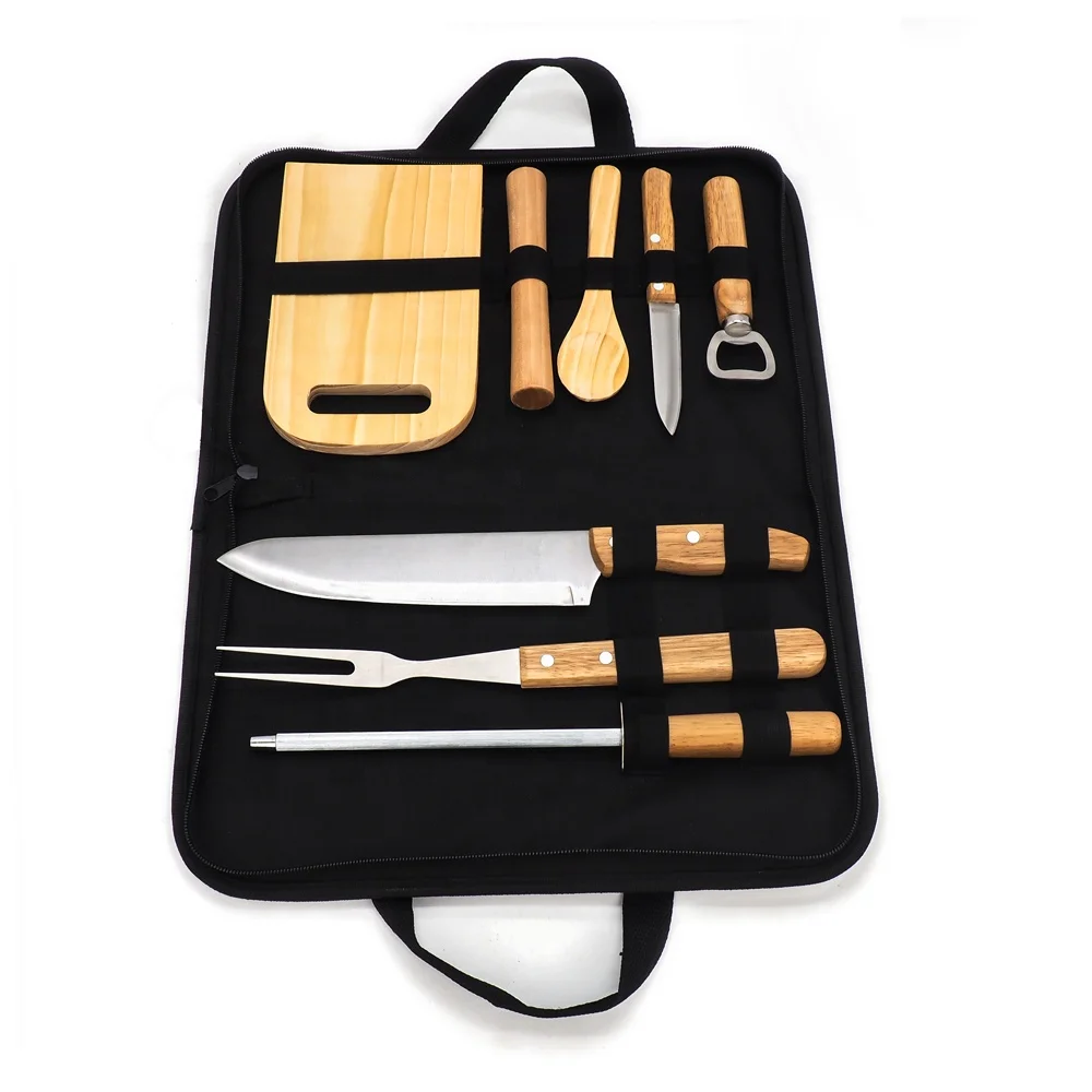 Easy Clean 9PCS High Quality Wooden Handle BBQ Tool  Outdoor With BBQ  Cutting Board Accessories For Environment Wood  Knife