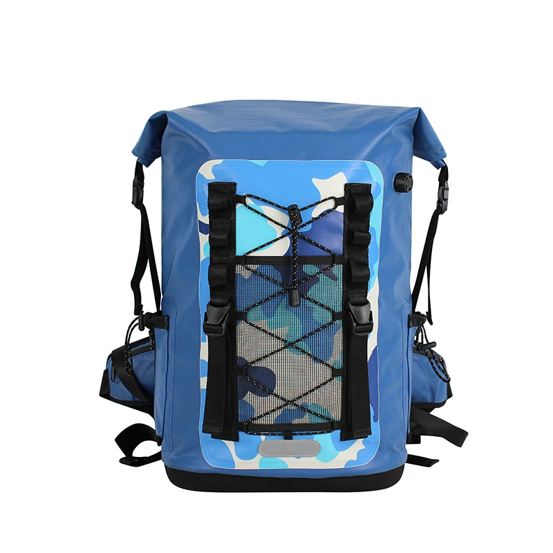 roll top closure blue waterproof tpu backpack hiking moutain dry bag backpack heavy duty with padded shoulder straps back