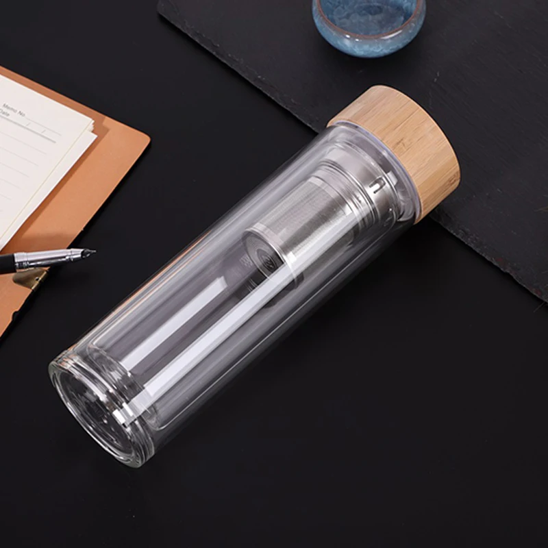 Eco-friendly Double Wall High Borosilicate Glass Water Bottle Insulated Tea Infuser Straight Tumbler Tea Cup With Bamboo Lids