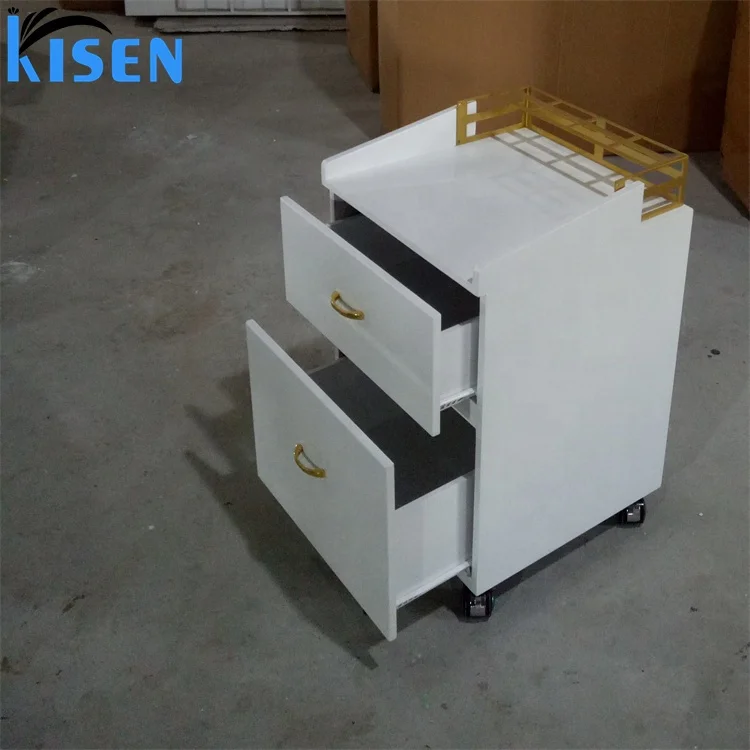 Kisen Hot Sale Modern New White Black Gold Trolley with Two Drawers for Beauty Spa Salon
