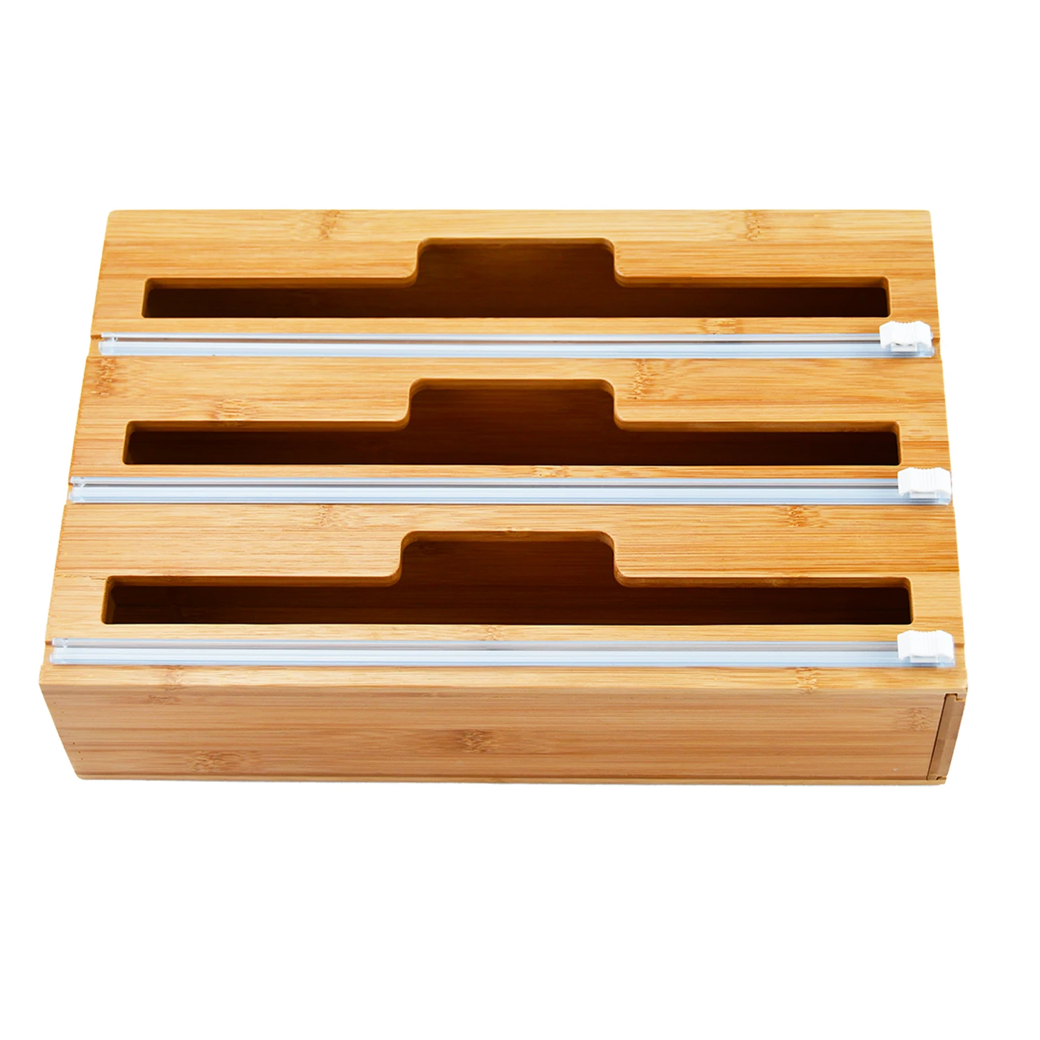 Bamboo Cling Wrap Dispenser with Cutter 3-in-1 Plastic Wrap, Wax Paper, Aluminum Foil Dispenser Organization and Storage