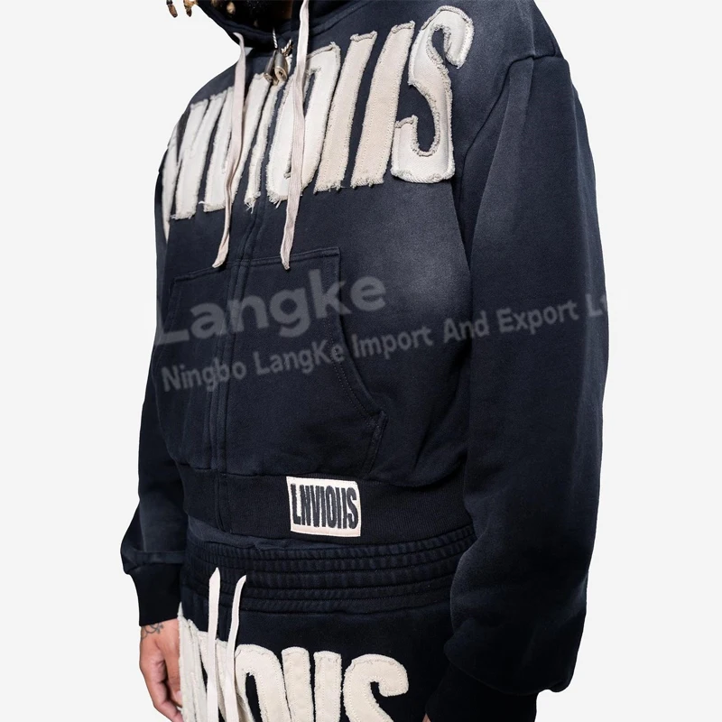 High Quality Tracksuit Manufacturer Men Customize Vintage Cotton Patch Sun Faded Distressed Acid Wash Zip Up Tracksuits for Men