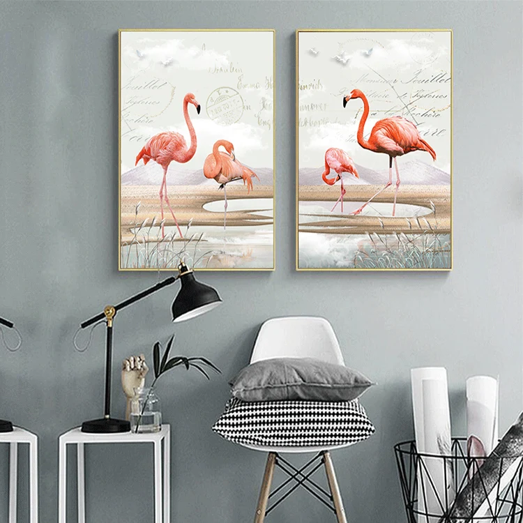 Custom Large 3D Texture Nordic Modern Flamingo Oil print Painting on Canvas Custom Living Room Wall art Decor Animal Paintings