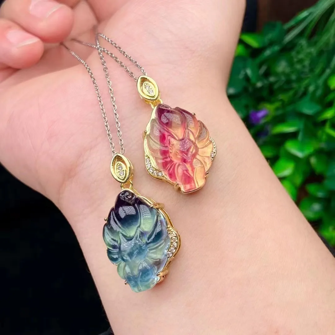 Healing Natural Rainbow Fluorite Nine-tailed Fox Pendant Stone Carving Animal Necklace Pendant Protection Amulet Lucky Charm