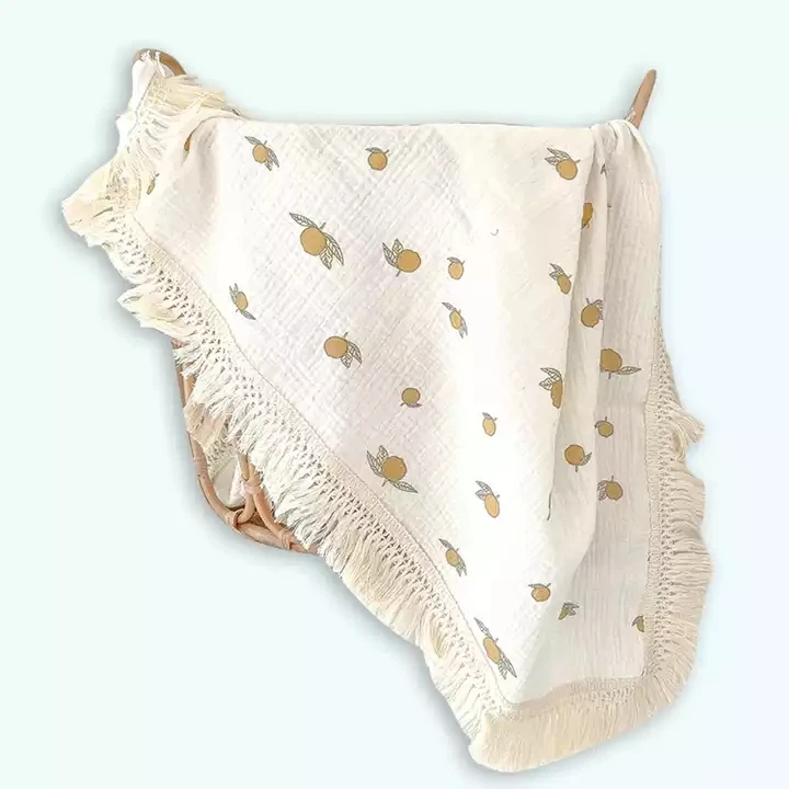 Organic cotton printed tassel blanket for baby Swaddling blanket gauze quilt for newborn muslin double blanket for baby