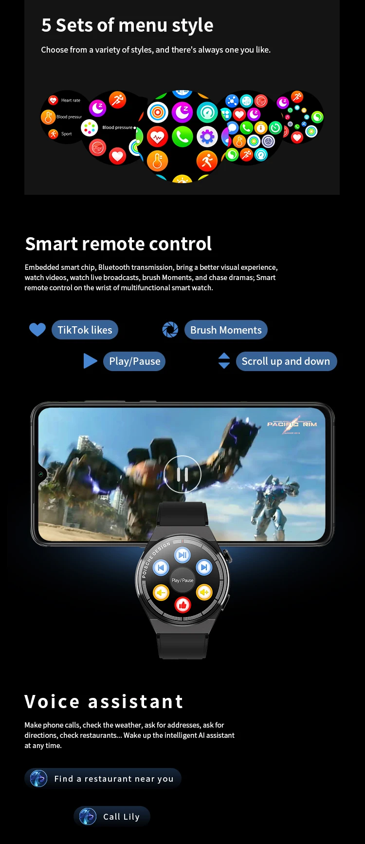 Valdus NFC Access Card Stainless Steel Metal Silicone Leather Strap Voice Assistant Remote Control GT3 Max Smart Watch