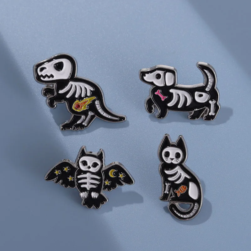 Hot Sale Cat Skeleton Horror Punk Enamel Nickel Plated Zinc Alloy Hat Pin Metal Crafts Lapel Pin For Gift
