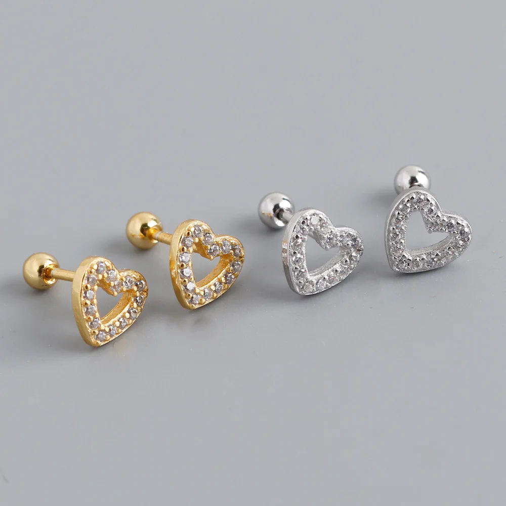 Cute Heart Love Stud Screw Earrings Gold Pated 925 Sterling Silver Hollow Out Zircon Heart Stud Earrings