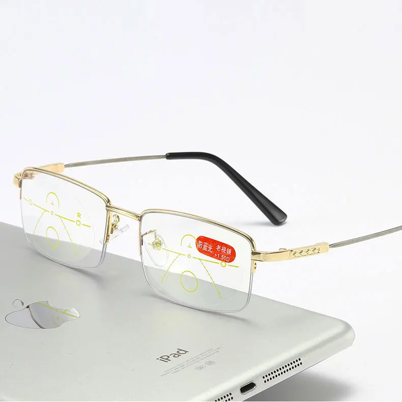 Мужские высококачественные многофокальные прогрессивные очки для чтения с полуободковой оправой из сплава эффектом памяти и защитой от синего света