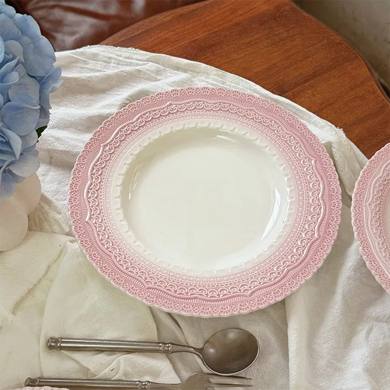 Vintage French Style Relief Pink Ceramic Plate Pasta Salad Fruit Plate Home Decoration Plate