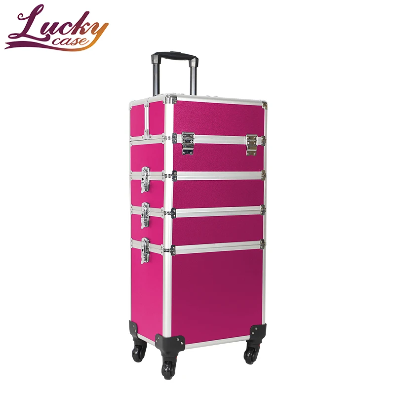 universal wheel 4 in 1 professional aluminum makeup train box detachable cosmetics cosmetic case with shoulder strap