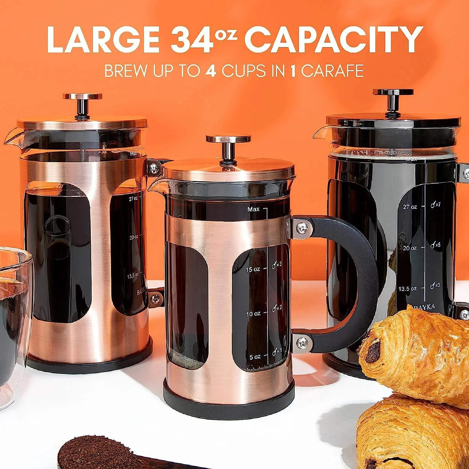 Copper French Press Coffee Tea Maker 304 Stainless Steel Coffee Press, Heat Resistant Thickened Borosilicate Glass