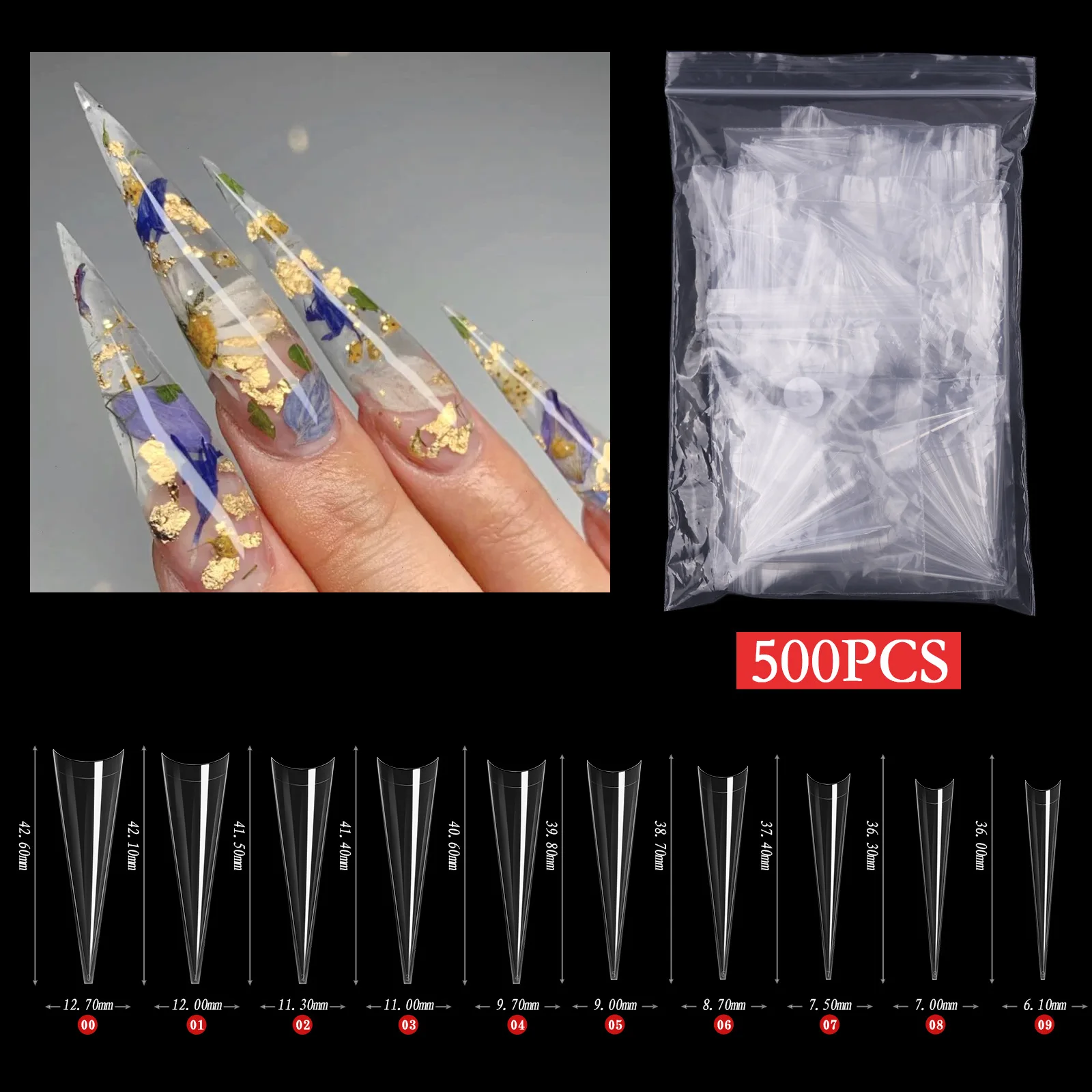 XXXL New Coming 10 Sizes 500Pcs Long Stiletto Soft Gel Nail Tips Full Cover Super Long Sharp Armor Clear Natural Nail Tips