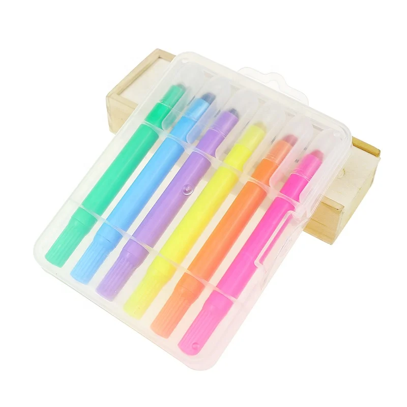 BECOL High Quality Custom 6pcs Twist Highlighter Marker Pen Fluorescent Colorful Solid Highlighter Wax Marker Pen Set