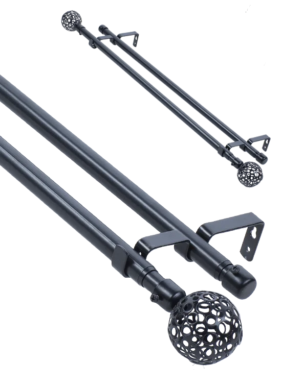 
classic black metal curtain rod double with 3 brackets, no rings 