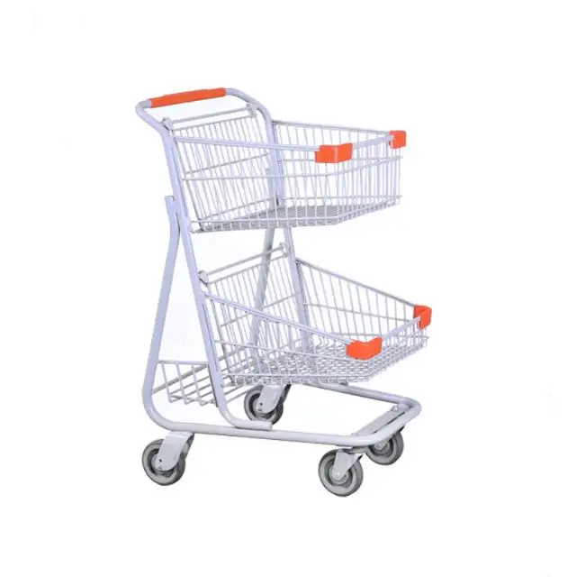 Supermarket Unfolding Metal Two Basket Cart With Wheels Shopping Trolley Cart