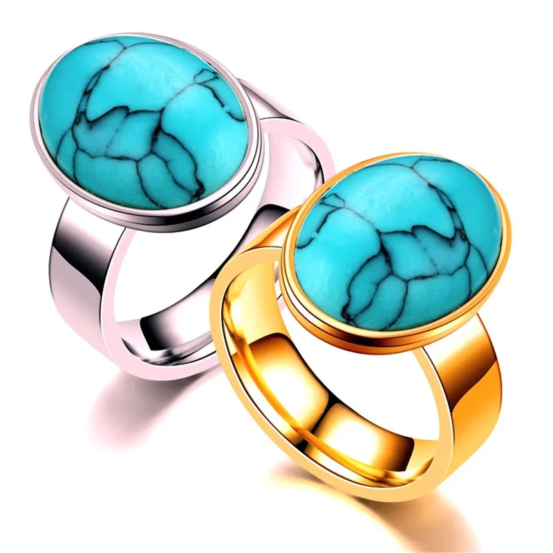 Retro Big Turquoise Stone Rings Titanium Steel Coral Floating Promise Rings Jewelry for Men Women