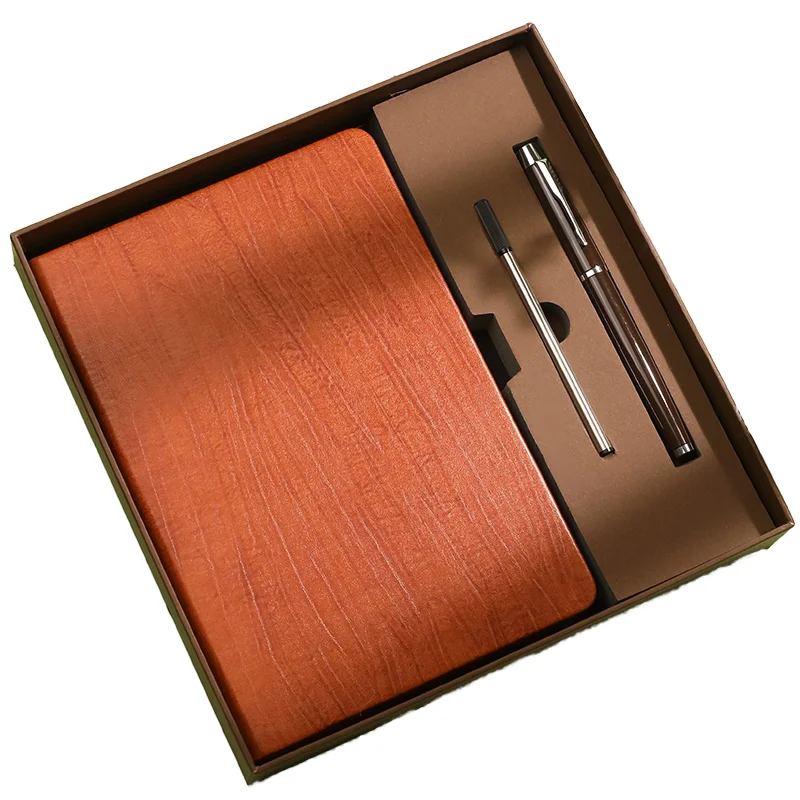 High Quality Custom Logo A4 Leather Diary Journal Planner Notebook Gift Box Set Pen Education Events Agenda Promotional Notebook
