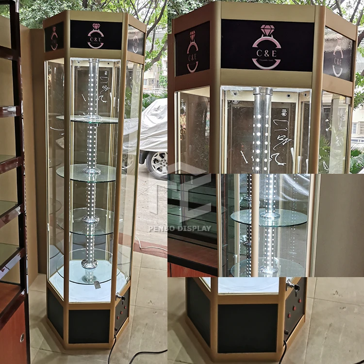 
Fashion Design Hexagonal Rotating Glass Display Cabinet /Accessories Display Showcase/Wooden Glass Display Cabinet 