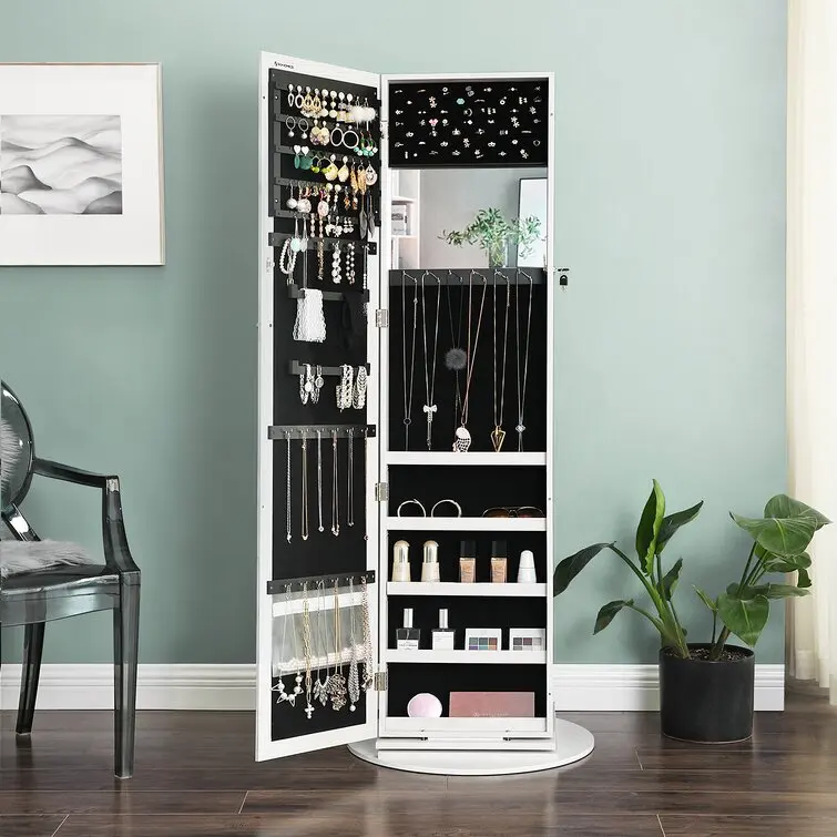 White Floor Rotating Organizer Wooden Standing Mirror Large Wood Jewelry Cabinet