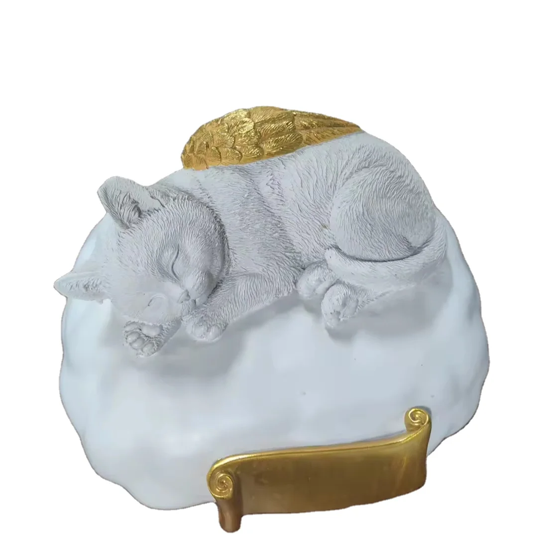 POLY RESIN CUSTOMIZED MATTE WHITE CUTE SLEEPING ANIMAL ANGEL GOLDEN WING CAT KITTEN DOG PUPPY MEMORIAL CREMATION URN BOX HOLDER