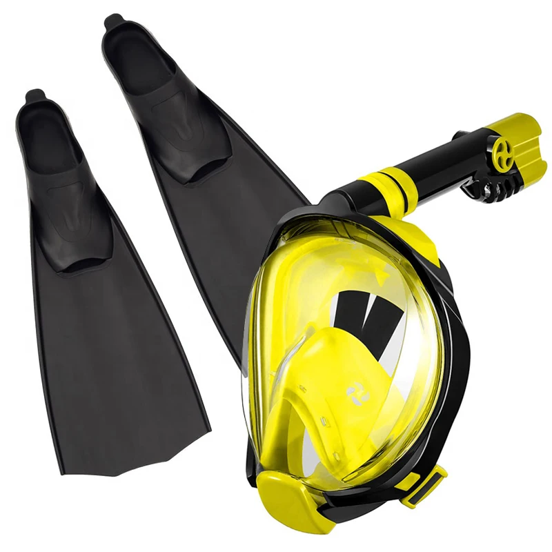 Wholesale scuba diving set dry snorkel snorkeling PP TPR fins 180 degree full face snorkeling mask Fins set with camera mount