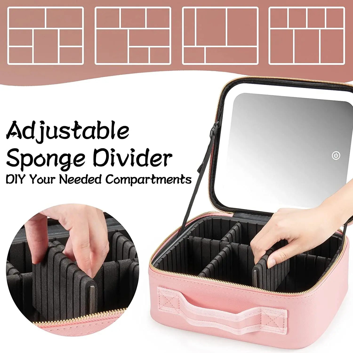 Makeup Travel Train Case with Mirror LED Light 3 Adjustable Brightness Cosmetic Bag Portable Storage Adjustable Partition