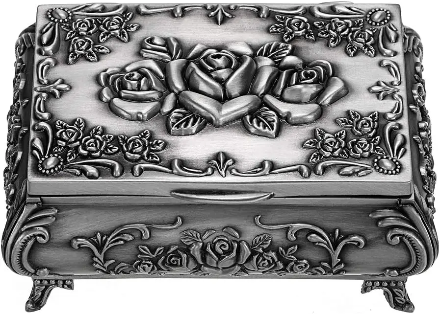 Antique Metal Jewelry Box Practical Home Decor Floral Engraved Chest Ring Case Trinket Storage Organizer