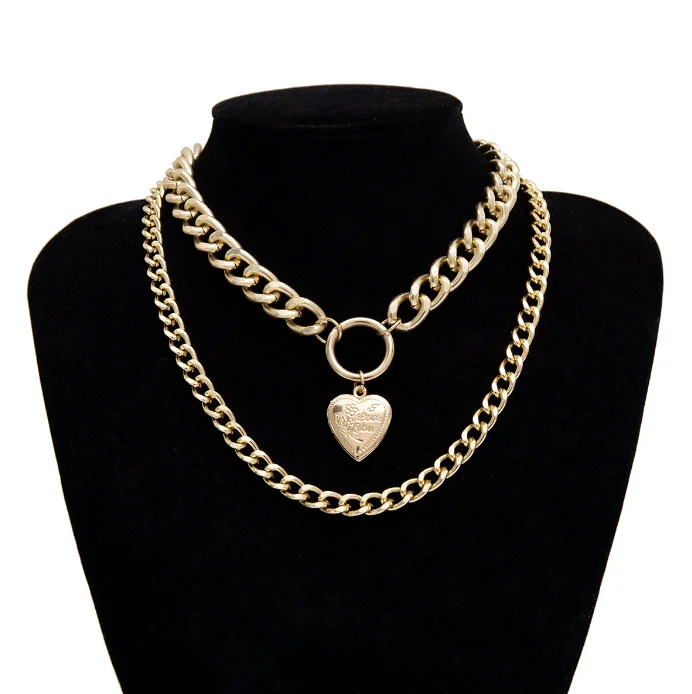 
XG1037 Simple chain pattern can open pendant collar act the role ofexaggerated thick chain heart - shaped multi-layer necklace 