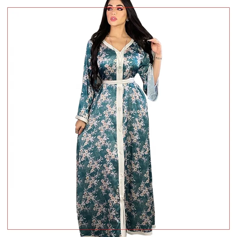 Turkey Dubai Girl Maxi Floral Printed Caftan Kaftan Dress Jalabiya For Women