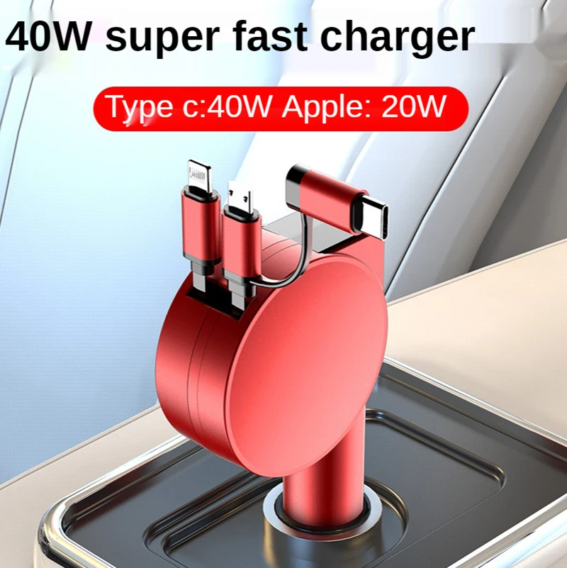 New 60W Super Fast Charging 3-in-1 Car Charger with Telescopic Charging Cables and Adapters For Android IOS Phone