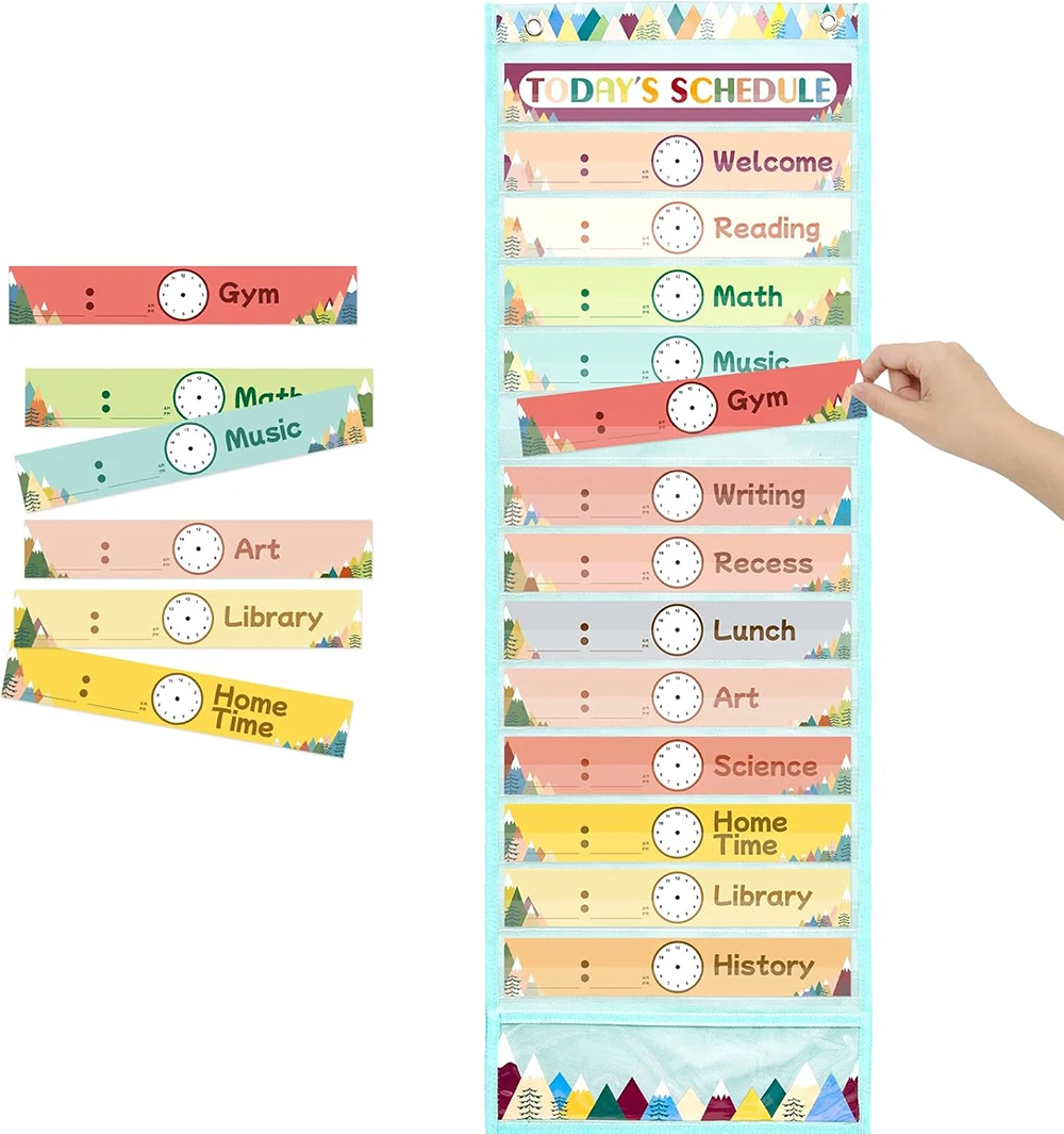 Daily Schedule Pocket Chart 13+1 Pockets Reusable Cards Classroom Pocket Charts with 2 Hangers