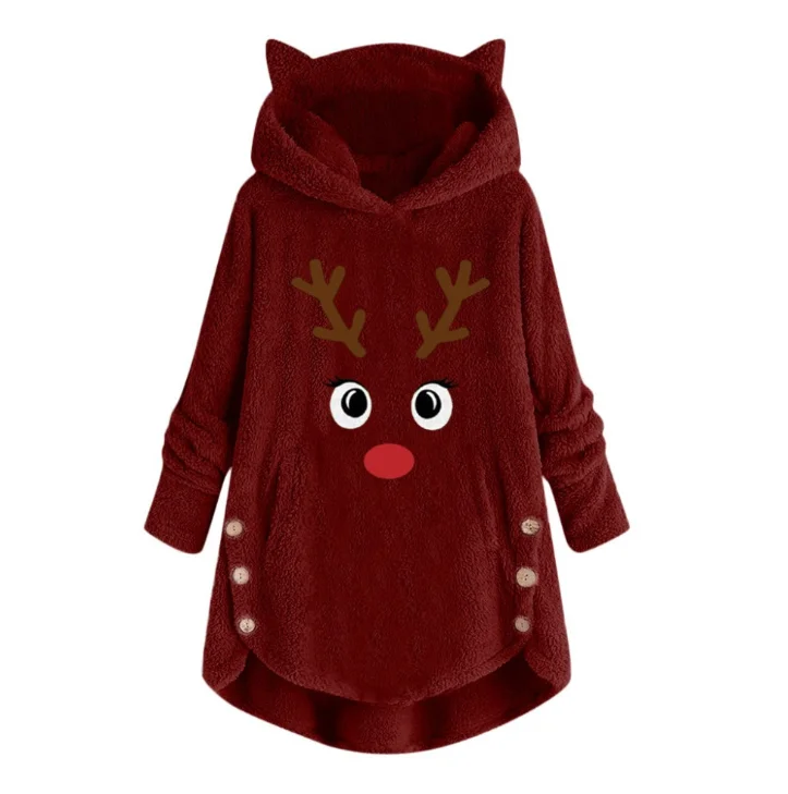 
Plus Size Tops Buttons Winter Home Casual Wear Christmas Deer Fleece Hoodies For women 
