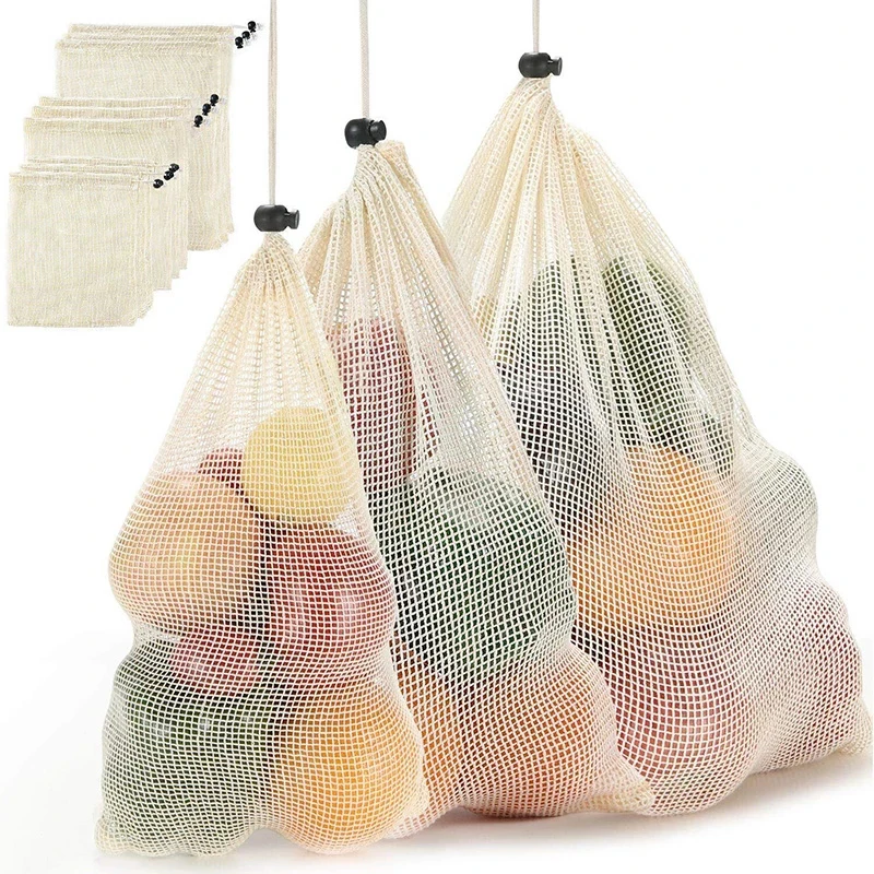 Zero Waste 100% Organic Eco Friendly Storage Shopping Bag Reusable Cotton Vegetable Mesh Drawstring Net Bags