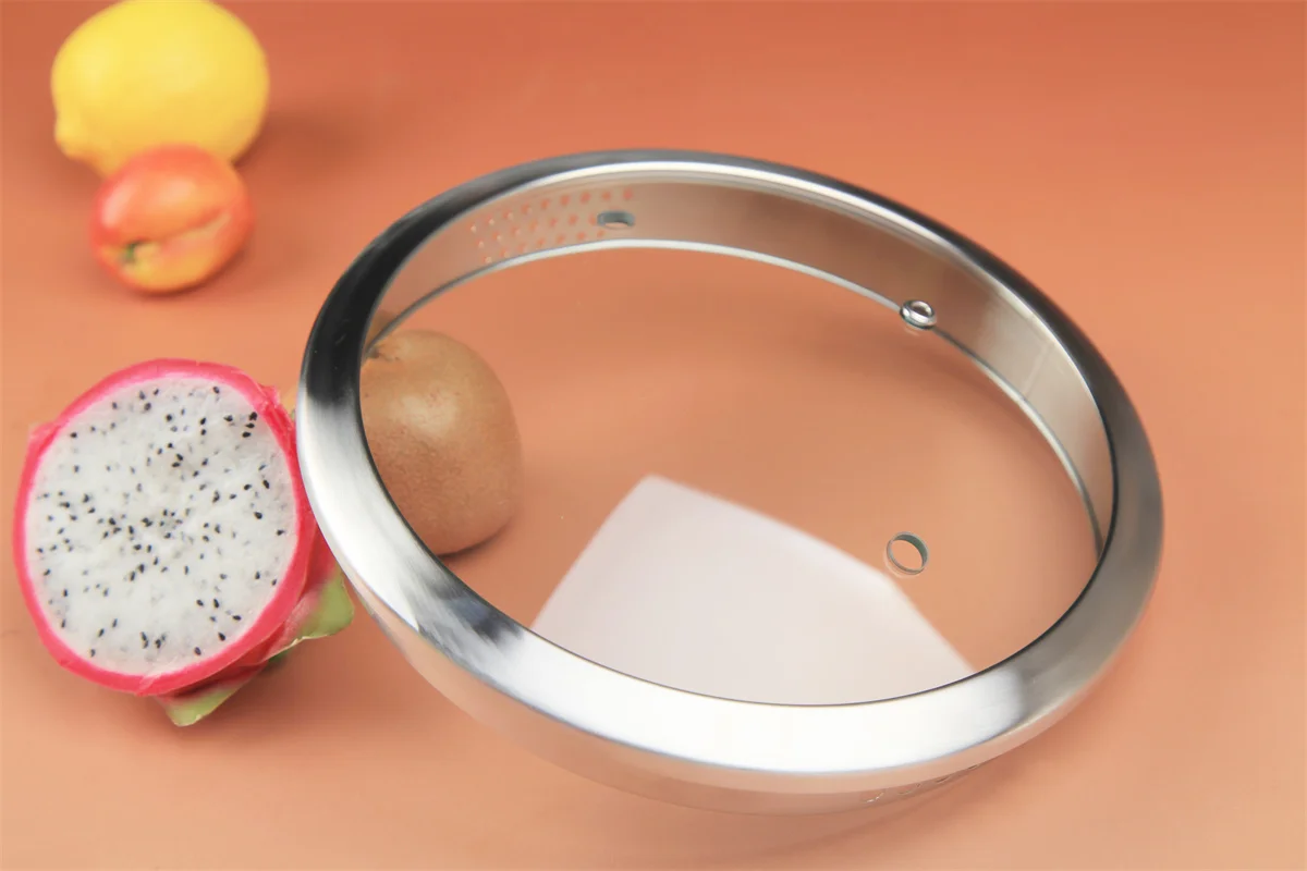 4mm glass 304ss rim L type tempered glass cover glass lid with handle and knob for cookware frying pan pot