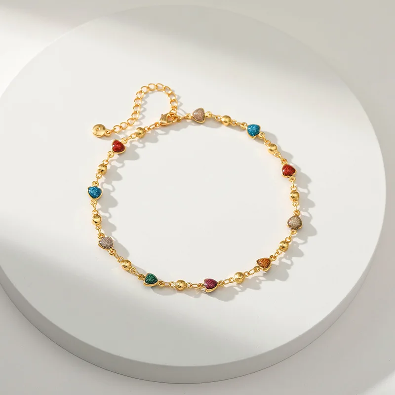Newest Rainbow Color Heart Anklet Women 18k Gold Plated Enamel Heart Ankle Bracelet Foot Chain