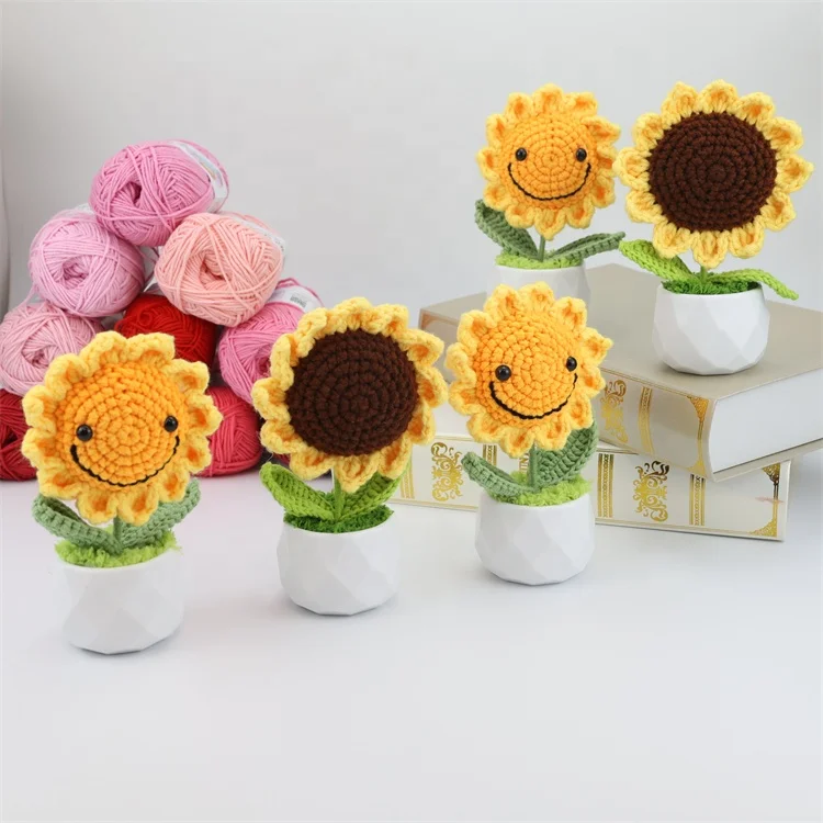 Artificial handmade crochet knit flower Sun Flower Pot Plant for Desktop Decor