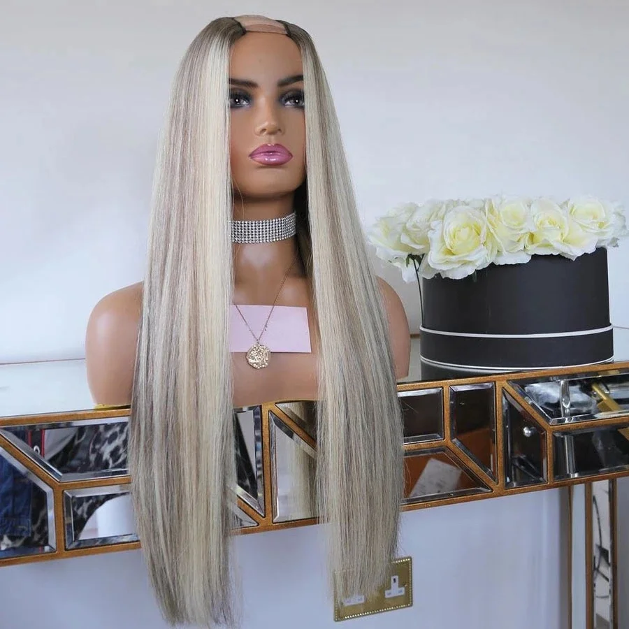 U Part 12A Grade Quality Ash Blonde Highlight #60 Color Silky Straight European Full Cuticle Aligned Hair Wigs