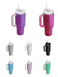 Wholesale Premium Rhinestones Tumbler Stainless Steel Mug Cup Pattern 40 oz Cup with Handle and Straw