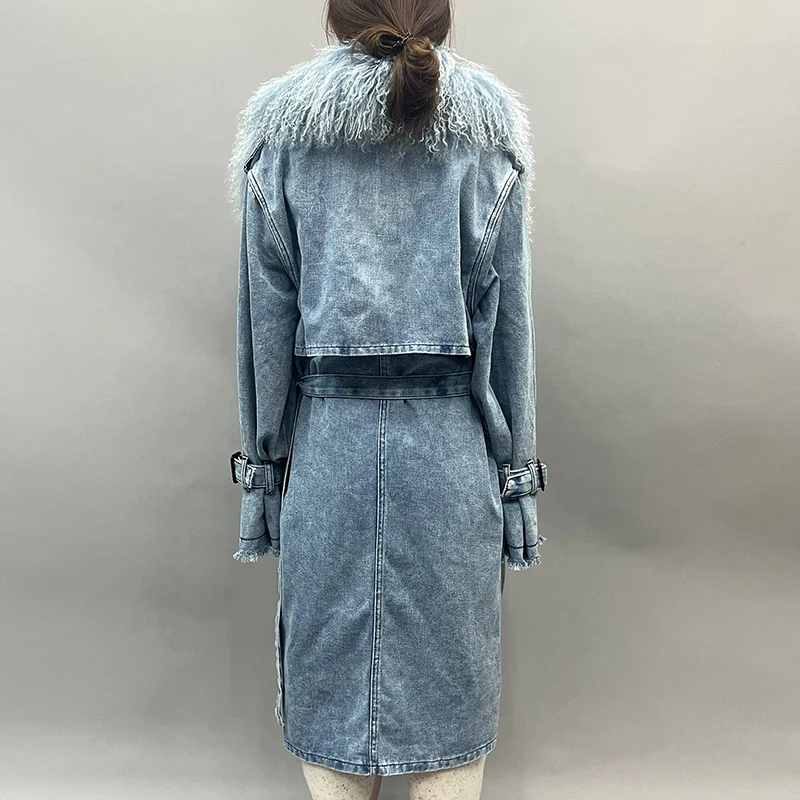 Fashion Long Trench Coat Women Denim Trench Coat with Detachable Mongolian Fur Collar