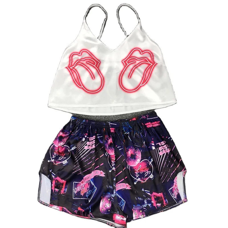 
Sexy satin cloth cartoon print sling ice silk pajamas two-piece sleepwear women 