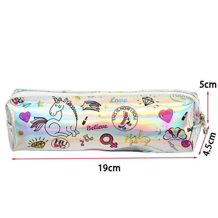 Cute Mermaid Holographic Pencil Case for Kids Waterproof Unicorn Laser Leather Zipper Pen Pencil Case Bag for Gift