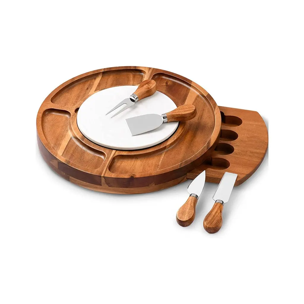 Custom Round Platter Serving Tray Charcuttery Meat Platter Board Set Cheese Board with 4 Knife Set Marble Plate