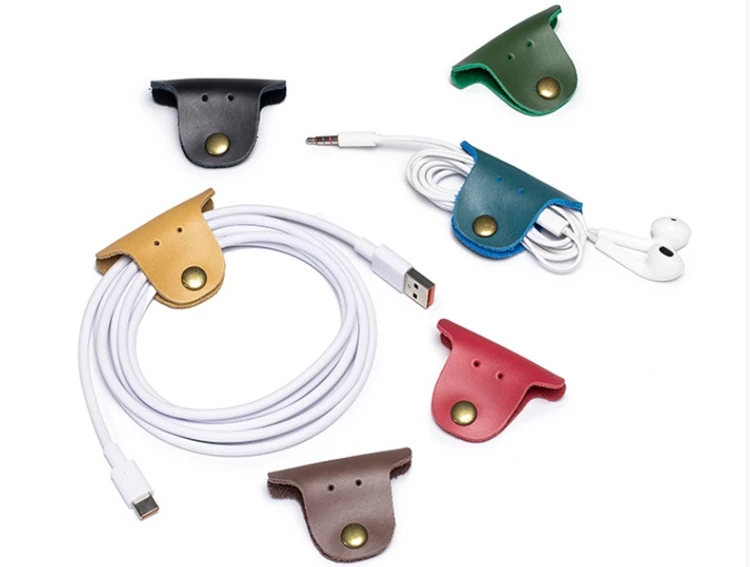 Wholesale Real Crazy Horse Leather Multi-Function Data Cable Storage Holder Winder Portable Charging Cable Storage Cases