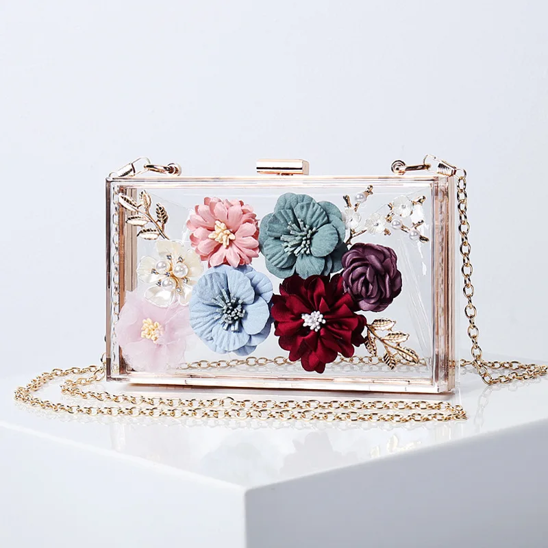 
Acrylic Flower Clutches Purse Evening Bags Chain Strap Women Shoulder Handbag With Removable Gold Chain Strap 