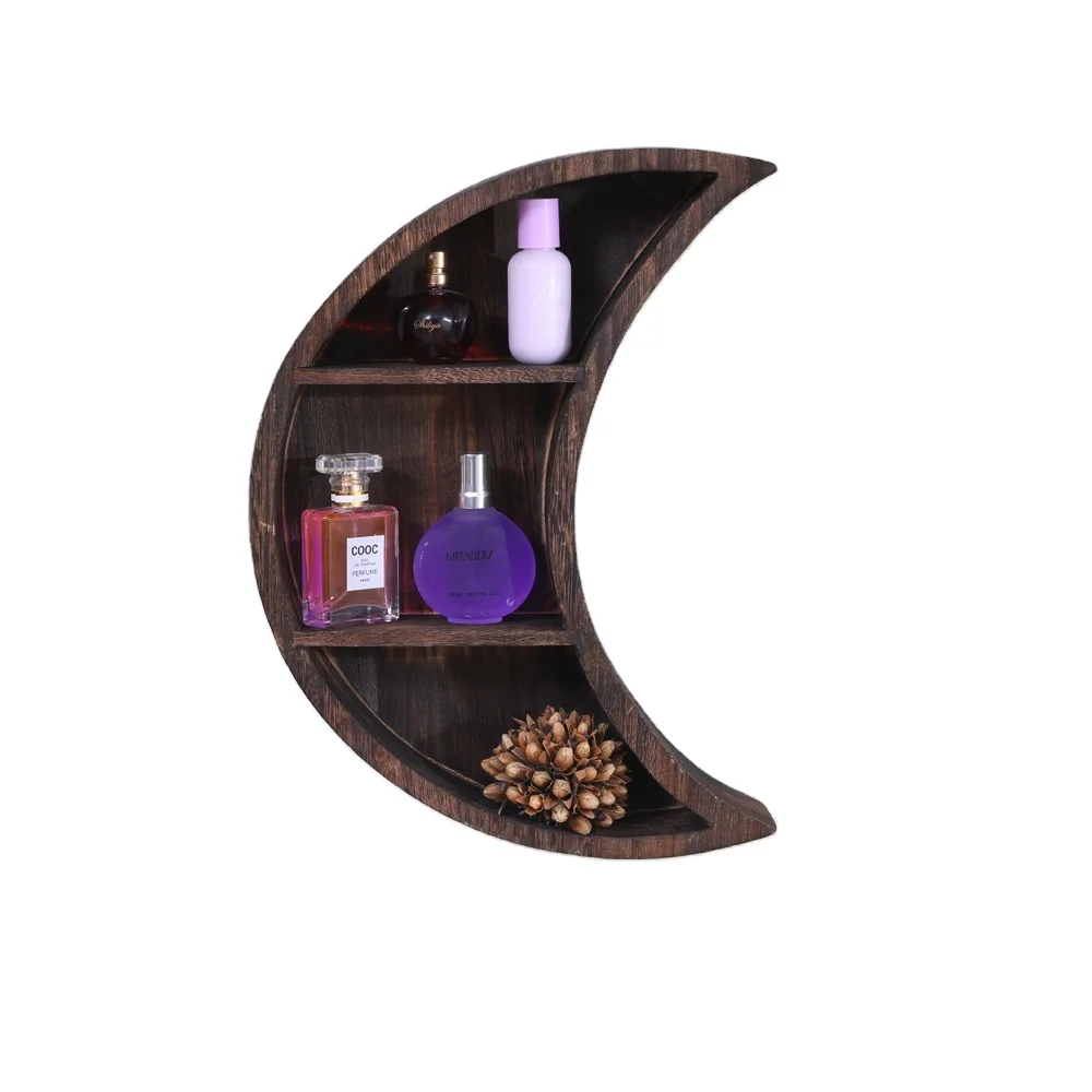 Home Office Decor Wood Corner Storage Shelf Floating Wall Mounted Shelf Wooden Moon Wall Shelves