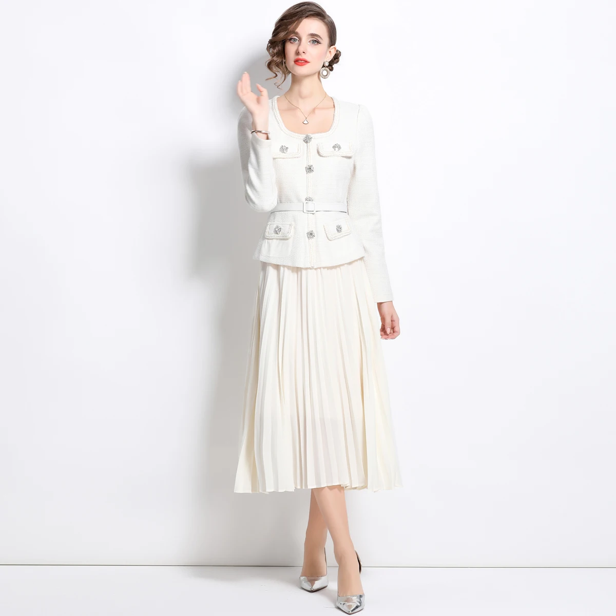 Droma in stock high end fashion slimming patchwork swing pleated dresses women casual elegant long white dress