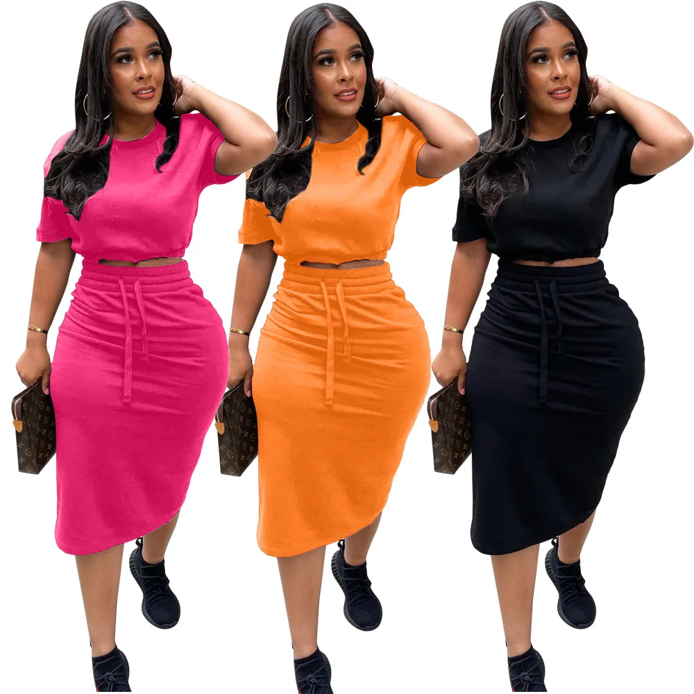2022 summer sexy ladies dress new short sleeve round neck crop top solid color slit strap skirt two piece sets womens skirts set