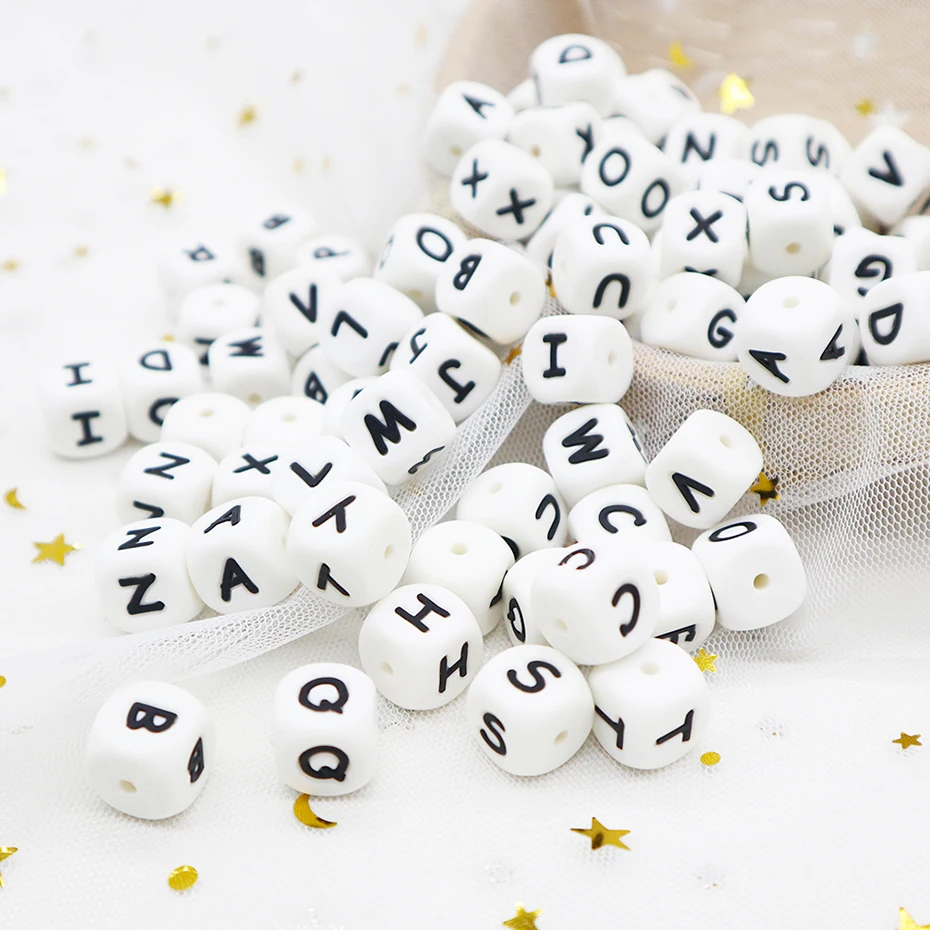 Bpa Free Baby Teether Bead Chew Food Grade Baby Teething Pacifier Clip Soft 12mm Alphabet Silicone baby teether letters