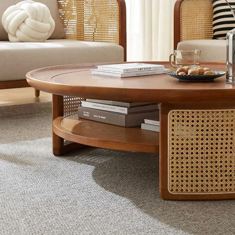 Japanese-style solid wood rattan tea table round home simple small apartment living room coffee table